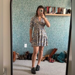 ME+EM Batik Floral Print Short Slub Dress in cream, blue, and olive